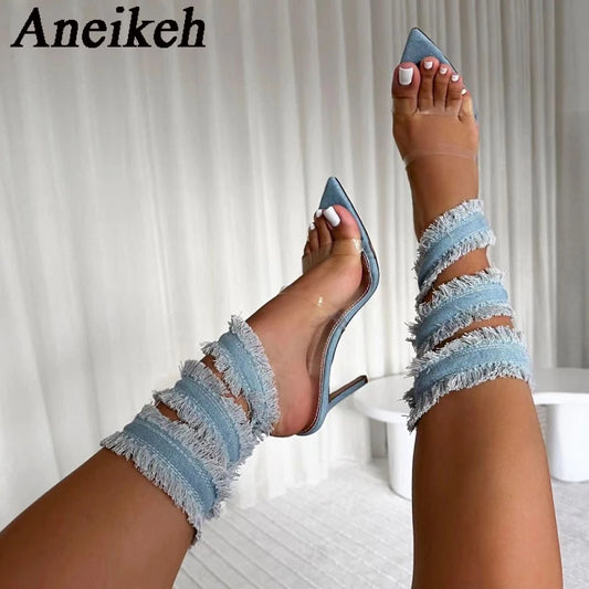 Discover Aneikeh's latest summer collection: Denim Ankle-Wrap Sandals with a unique snake strap design, featuring transparent details for a modern woman's wardrobe.