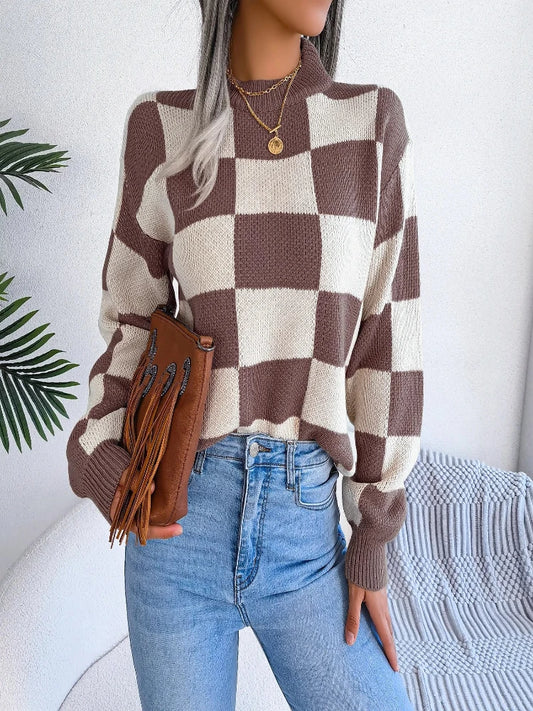 Autumn and Winter Women's Checkered Long-Sleeve Pullover, Street-Style Contrasting-Color Retro Knitted Sweater