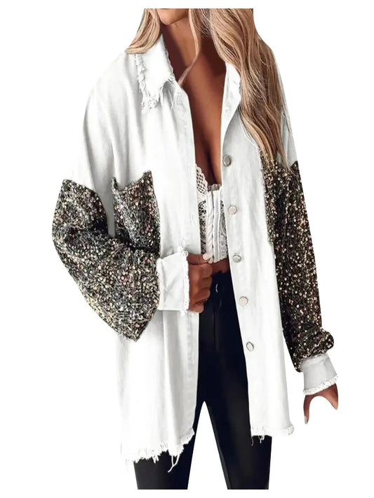 Explore the newest trends in fashion with women's sequined jackets, showcasing an oversized silhouette, dropped shoulders, and a raw-edge hemline. These jackets capture the essence of American retro fashion infused with a con