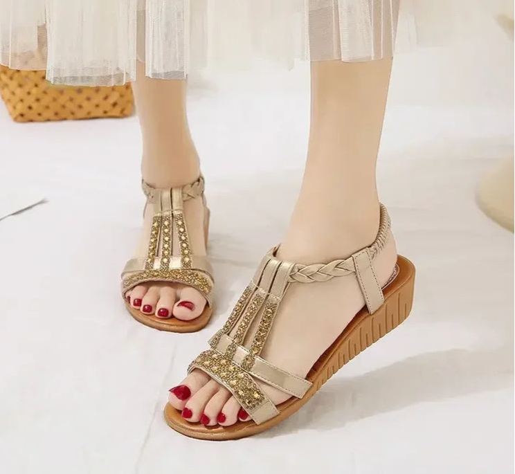 **"Women's Bohemian Rhinestone Wedge Sandals"**  
Turn heads with Tye Meshun's flirty rhinestone wedge sandals! These playful platforms sparkle with boho charm, offering cushioned comfort and a breezy peep-toe design. Slip th