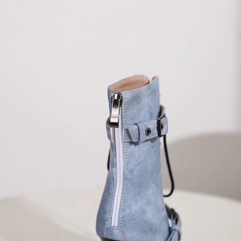 Ladies' Denim Dazzlers: Sassy High-Heeled Sandals with a Peep-Toe Twist, Dancefloor-Ready Boots, and Sky-High Stiletto Pumps – Step Up Your Shoe Game!