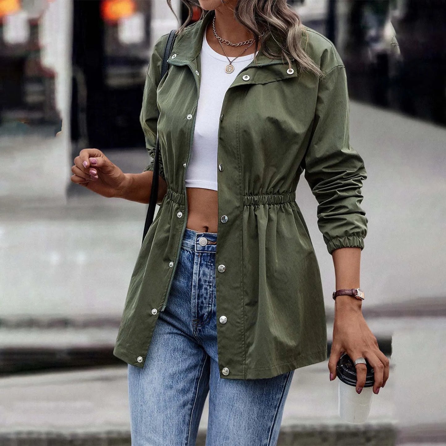 Retro High-Waisted Jacket: A chic, solid-hued windbreaker perfect for braving the autumn chill or the winter gusts. Its long sleeves are not just a style statement—they're your defense against the breeze!