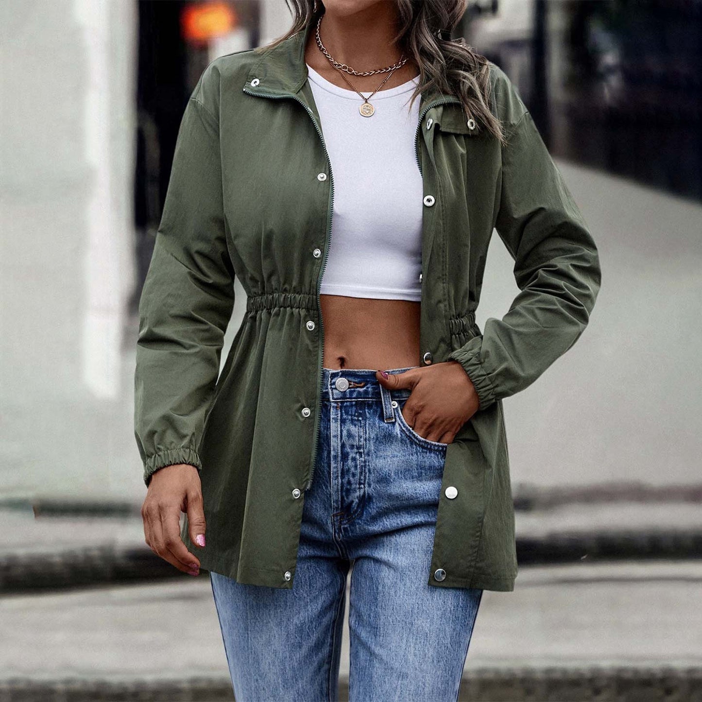 Retro High-Waisted Jacket: A chic, solid-hued windbreaker perfect for braving the autumn chill or the winter gusts. Its long sleeves are not just a style statement—they're your defense against the breeze!