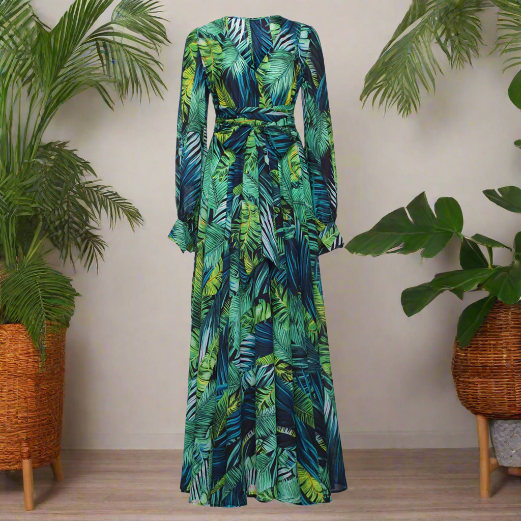 This boho green leaf print maxi dress has a V-neck and is backless. It's great for a special occasion, and the plunging neckline and backless design make it a bit daring.