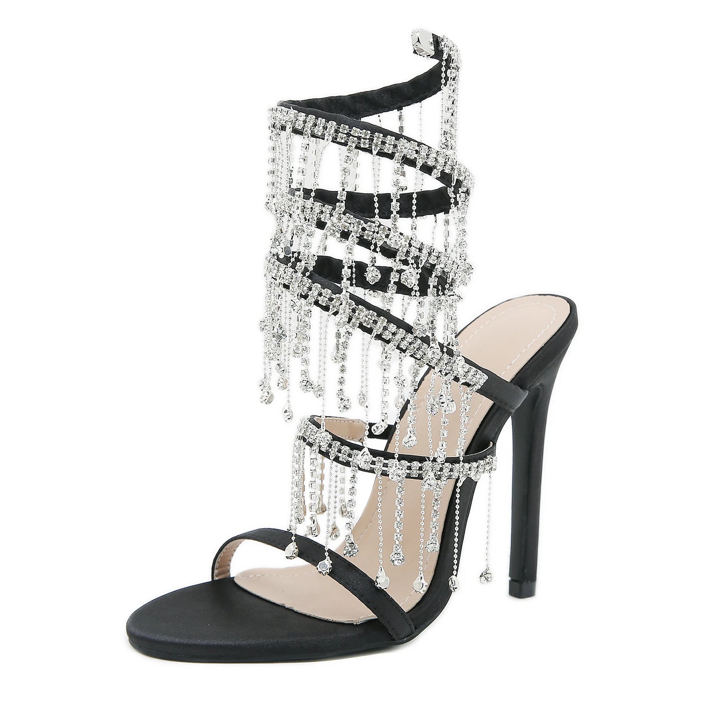 Discover the Aneikeh Fashion collection: dazzling rhinestone sandals with a string bead design, featuring a stiletto heel and wrap strap, complete with a peep toe for a touch of elegance.